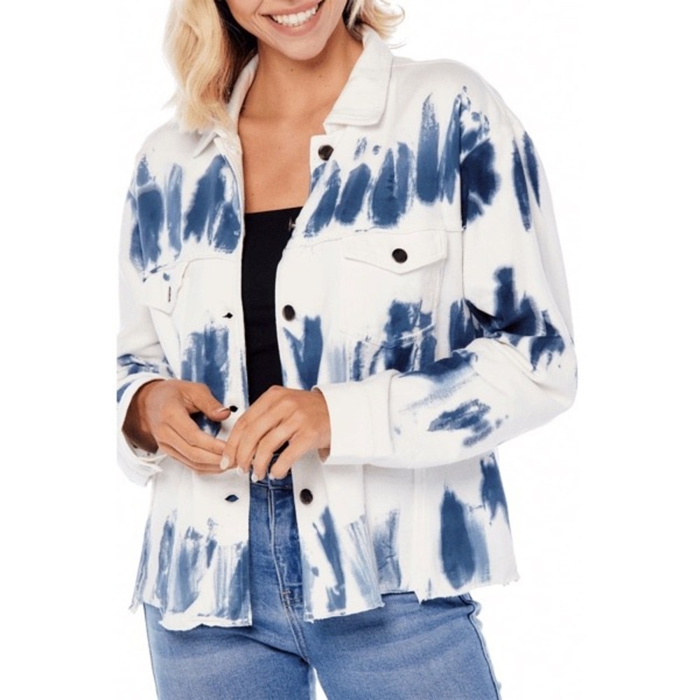 Mud Pie Tie Dye Tate Jacket Womens Medium White Navy Blue Button Up Trucker New